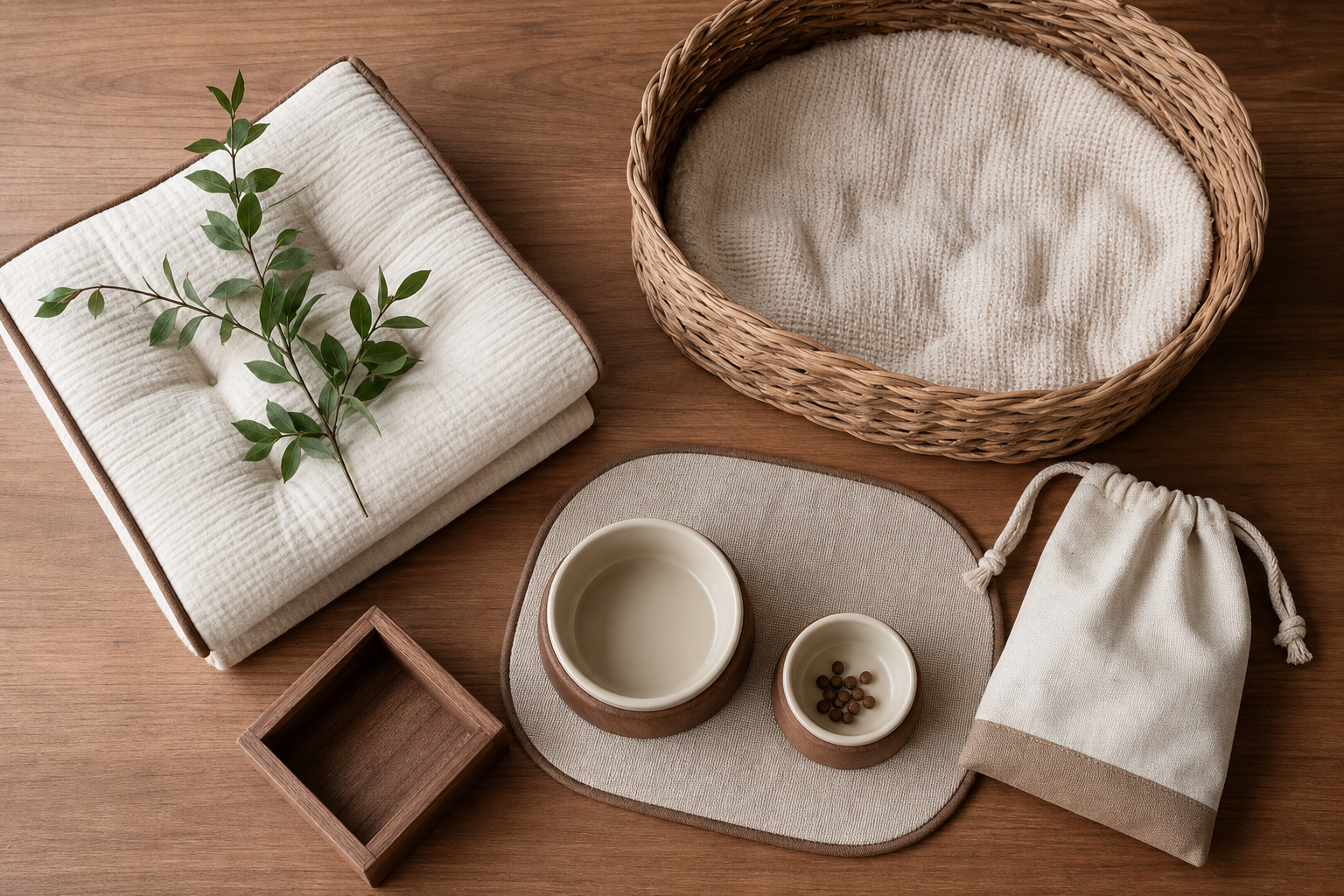 An assortment of pet home goods laid out on a warm wood surface