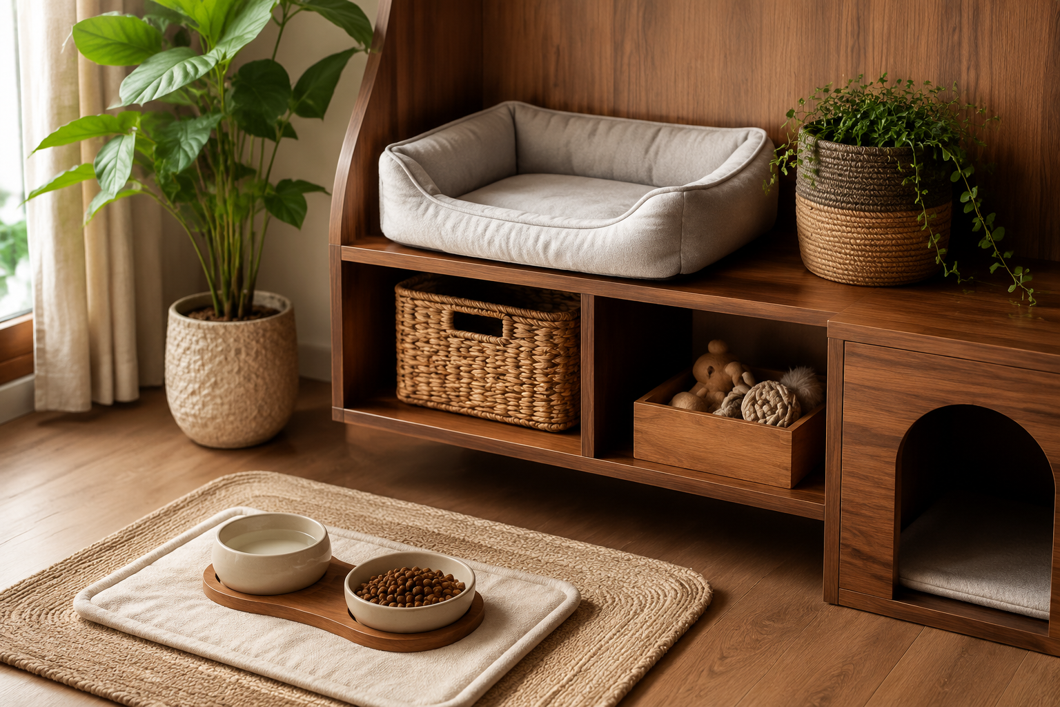 A rosewood-tone pet home corner with a wooden shelf, pet bed cushion, storage basket, toy box and feeding mat